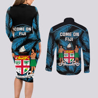 Fiji Rugby Couples Matching Long Sleeve Bodycon Dress and Long Sleeve Button Shirts Flying Fijians Blue Palm Tree Version - Wonder Print Shop