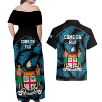 Fiji Rugby Couples Matching Off Shoulder Maxi Dress and Hawaiian Shirt Flying Fijians Blue Palm Tree Version - Wonder Print Shop