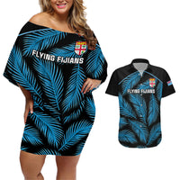 Fiji Rugby Couples Matching Off Shoulder Short Dress and Hawaiian Shirt Flying Fijians Blue Palm Tree Version - Wonder Print Shop