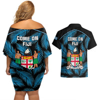 Fiji Rugby Couples Matching Off Shoulder Short Dress and Hawaiian Shirt Flying Fijians Blue Palm Tree Version - Wonder Print Shop
