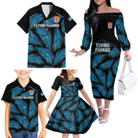 Fiji Rugby Family Matching Off Shoulder Long Sleeve Dress and Hawaiian Shirt Flying Fijians Blue Palm Tree Version - Wonder Print Shop
