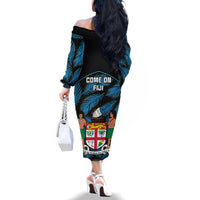 Fiji Rugby Family Matching Off Shoulder Long Sleeve Dress and Hawaiian Shirt Flying Fijians Blue Palm Tree Version - Wonder Print Shop