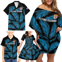 Fiji Rugby Family Matching Off Shoulder Short Dress and Hawaiian Shirt Flying Fijians Blue Palm Tree Version - Wonder Print Shop