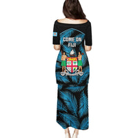 Fiji Rugby Family Matching Puletasi Dress and Hawaiian Shirt Flying Fijians Blue Palm Tree Version - Wonder Print Shop