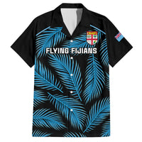 Black short-sleeve button-up shirt with blue palm leaf print and Flying Fijians text