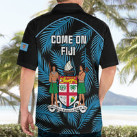 Black short-sleeve button-up shirt with blue palm leaf print and “COME ON FIJI” back