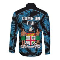 Fiji Rugby Long Sleeve Button Shirt Flying Fijians Blue Palm Tree Version - Wonder Print Shop