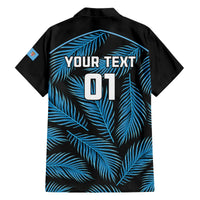 Black short-sleeve Hawaiian shirt with blue palm print and Your Text 01 back design