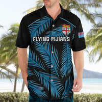 Black short-sleeve Hawaiian shirt with blue palm print and Flying Fijians front logo