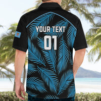 Black short-sleeve Hawaiian shirt with blue palm print and Your Text 01 on back