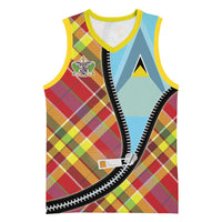Saint Lucia Creole Day Basketball Jersey Madras Pattern Zipper Stylized - Wonder Print Shop