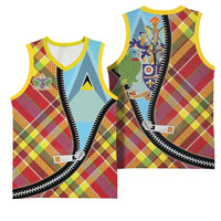 Saint Lucia Creole Day Basketball Jersey Madras Pattern Zipper Stylized - Wonder Print Shop