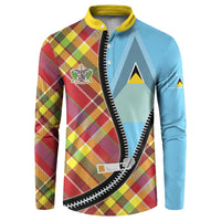 Saint Lucia Creole Day Button Sweatshirt Madras Pattern Zipper Stylized - Wonder Print Shop