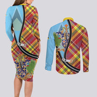 Saint Lucia Creole Day Couples Matching Long Sleeve Bodycon Dress and Long Sleeve Button Shirt Madras Pattern Zipper Stylized - Wonder Print Shop