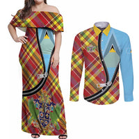 Saint Lucia Creole Day Couples Matching Off Shoulder Maxi Dress and Long Sleeve Button Shirt Madras Pattern Zipper Stylized - Wonder Print Shop
