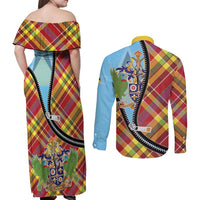 Saint Lucia Creole Day Couples Matching Off Shoulder Maxi Dress and Long Sleeve Button Shirt Madras Pattern Zipper Stylized - Wonder Print Shop