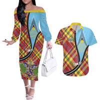 Saint Lucia Creole Day Couples Matching Off The Shoulder Long Sleeve Dress and Hawaiian Shirt Madras Pattern Zipper Stylized - Wonder Print Shop