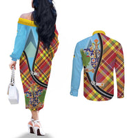 Saint Lucia Creole Day Couples Matching Off The Shoulder Long Sleeve Dress and Long Sleeve Button Shirt Madras Pattern Zipper Stylized - Wonder Print Shop