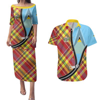 Saint Lucia Creole Day Couples Matching Puletasi and Hawaiian Shirt Madras Pattern Zipper Stylized - Wonder Print Shop