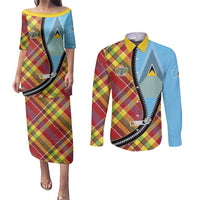 Saint Lucia Creole Day Couples Matching Puletasi and Long Sleeve Button Shirt Madras Pattern Zipper Stylized - Wonder Print Shop