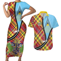 Saint Lucia Creole Day Couples Matching Short Sleeve Bodycon Dress and Hawaiian Shirt Madras Pattern Zipper Stylized - Wonder Print Shop