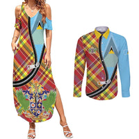 Saint Lucia Creole Day Couples Matching Summer Maxi Dress and Long Sleeve Button Shirt Madras Pattern Zipper Stylized - Wonder Print Shop