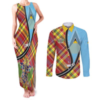 Saint Lucia Creole Day Couples Matching Tank Maxi Dress and Long Sleeve Button Shirt Madras Pattern Zipper Stylized - Wonder Print Shop