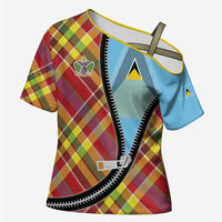 Saint Lucia Creole Day Cross Shoulder Shirt Madras Pattern Zipper Stylized - Wonder Print Shop