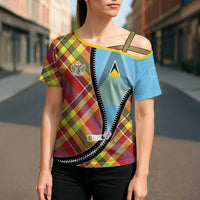 Saint Lucia Creole Day Cross Shoulder Shirt Madras Pattern Zipper Stylized - Wonder Print Shop
