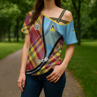 Saint Lucia Creole Day Cross Shoulder Shirt Madras Pattern Zipper Stylized - Wonder Print Shop