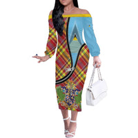 Saint Lucia Creole Day Family Matching Off The Shoulder Long Sleeve Dress and Hawaiian Shirt Madras Pattern Zipper Stylized - Wonder Print Shop