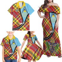 Saint Lucia Creole Day Family Matching Off Shoulder Maxi Dress and Hawaiian Shirt Madras Pattern Zipper Stylized - Wonder Print Shop