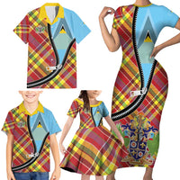 Saint Lucia Creole Day Family Matching Short Sleeve Bodycon Dress and Hawaiian Shirt Madras Pattern Zipper Stylized - Wonder Print Shop