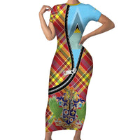 Saint Lucia Creole Day Family Matching Short Sleeve Bodycon Dress and Hawaiian Shirt Madras Pattern Zipper Stylized - Wonder Print Shop