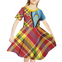 Saint Lucia Creole Day Kid Short Sleeve Dress Madras Pattern Zipper Stylized - Wonder Print Shop