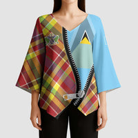 Saint Lucia Creole Day Kimono Sleeve Blouse Madras Pattern Zipper Stylized - Wonder Print Shop