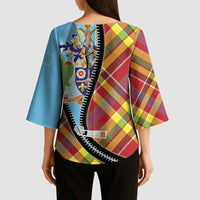 Saint Lucia Creole Day Kimono Sleeve Blouse Madras Pattern Zipper Stylized - Wonder Print Shop
