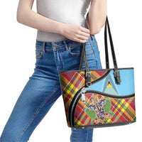 Saint Lucia Creole Day Leather Tote Bag Madras Pattern Zipper Stylized - Wonder Print Shop