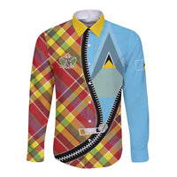 Saint Lucia Creole Day Long Sleeve Button Shirt Madras Pattern Zipper Stylized - Wonder Print Shop