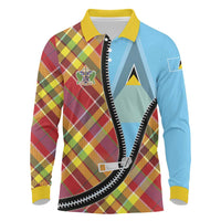Saint Lucia Creole Day Long Sleeve Polo Shirt Madras Pattern Zipper Stylized - Wonder Print Shop