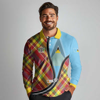Saint Lucia Creole Day Long Sleeve Polo Shirt Madras Pattern Zipper Stylized - Wonder Print Shop
