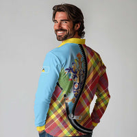 Saint Lucia Creole Day Long Sleeve Polo Shirt Madras Pattern Zipper Stylized - Wonder Print Shop