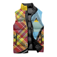 Saint Lucia Creole Day Sleeveless Puffer Jacket Madras Pattern Zipper Stylized - Wonder Print Shop