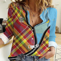 Saint Lucia Creole Day Women Casual Shirt Madras Pattern Zipper Stylized - Wonder Print Shop