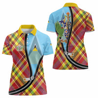 Saint Lucia Creole Day Women Polo Shirt Madras Pattern Zipper Stylized - Wonder Print Shop