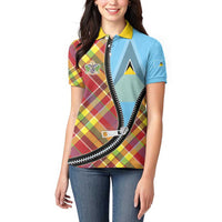 Saint Lucia Creole Day Women Polo Shirt Madras Pattern Zipper Stylized - Wonder Print Shop
