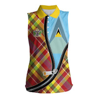 Saint Lucia Creole Day Women Sleeveless Polo Shirt Madras Pattern Zipper Stylized - Wonder Print Shop
