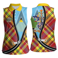 Saint Lucia Creole Day Women Sleeveless Polo Shirt Madras Pattern Zipper Stylized - Wonder Print Shop
