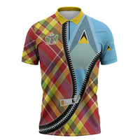 Saint Lucia Creole Day Zipper Polo Shirt Madras Pattern Zipper Stylized - Wonder Print Shop