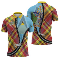 Saint Lucia Creole Day Zipper Polo Shirt Madras Pattern Zipper Stylized - Wonder Print Shop